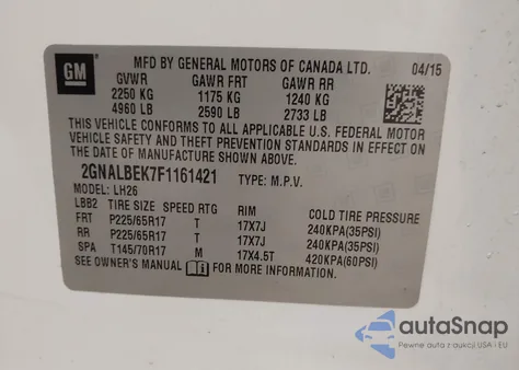 2015 Chevrolet Equinox 1Lt from USA, damaged, VIN 2GNALBEK7F1161421